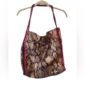 Poppie Snake Print Shoulder Hobo Bag Pink and Graphite Color Accents Chain Large